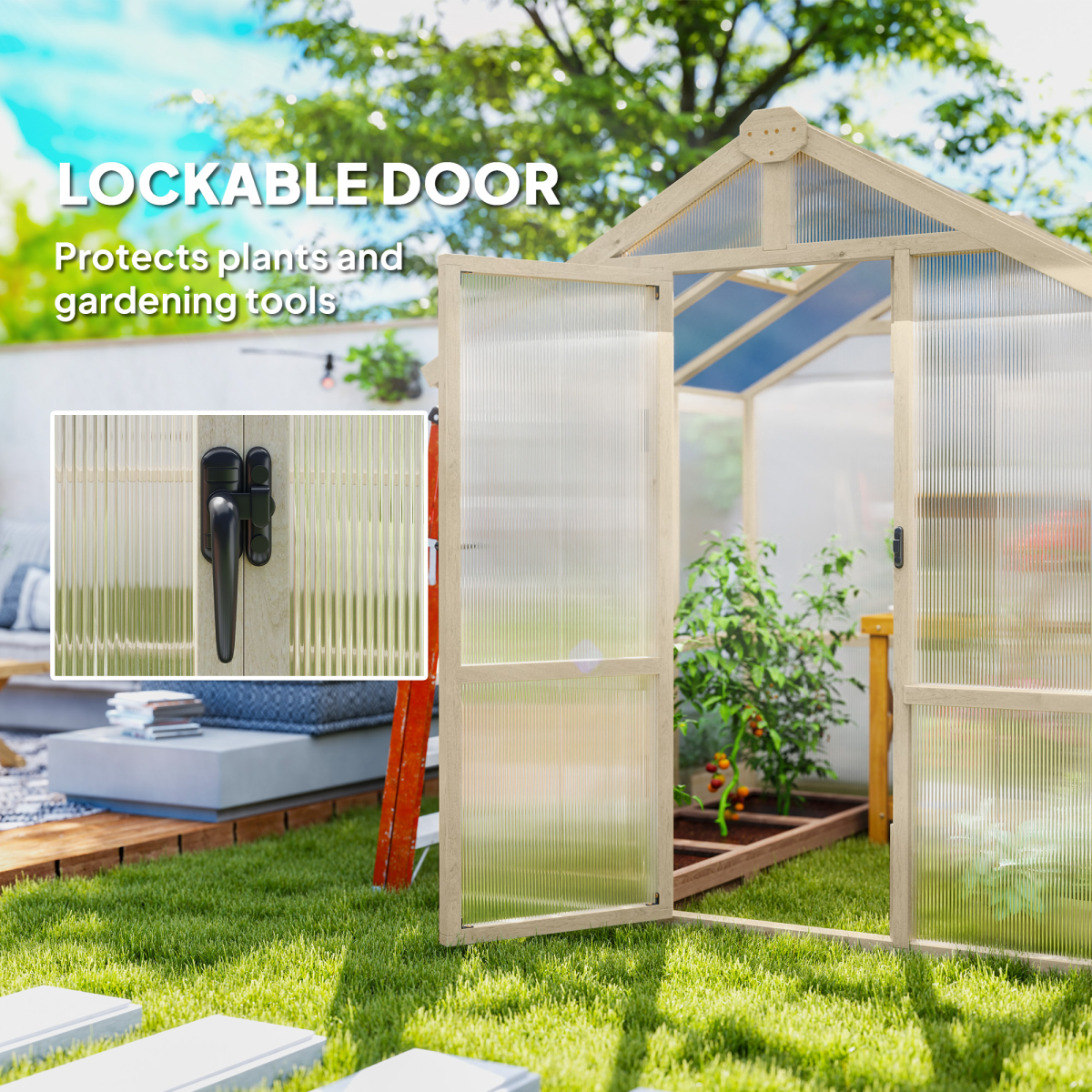 Outsunny Wooden Polycarbonate Greenhouse with Lockable Door, Brown