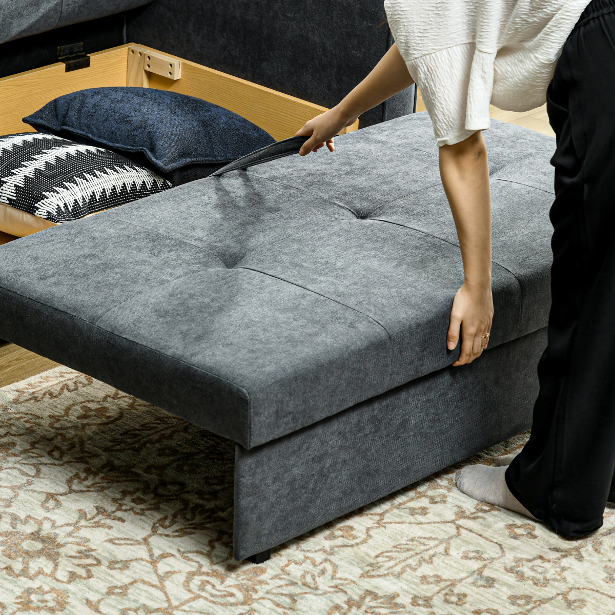 HOMCOM 2 Seater Convertible Sofa Bed with Storage & 2 Cushions, Dark Grey