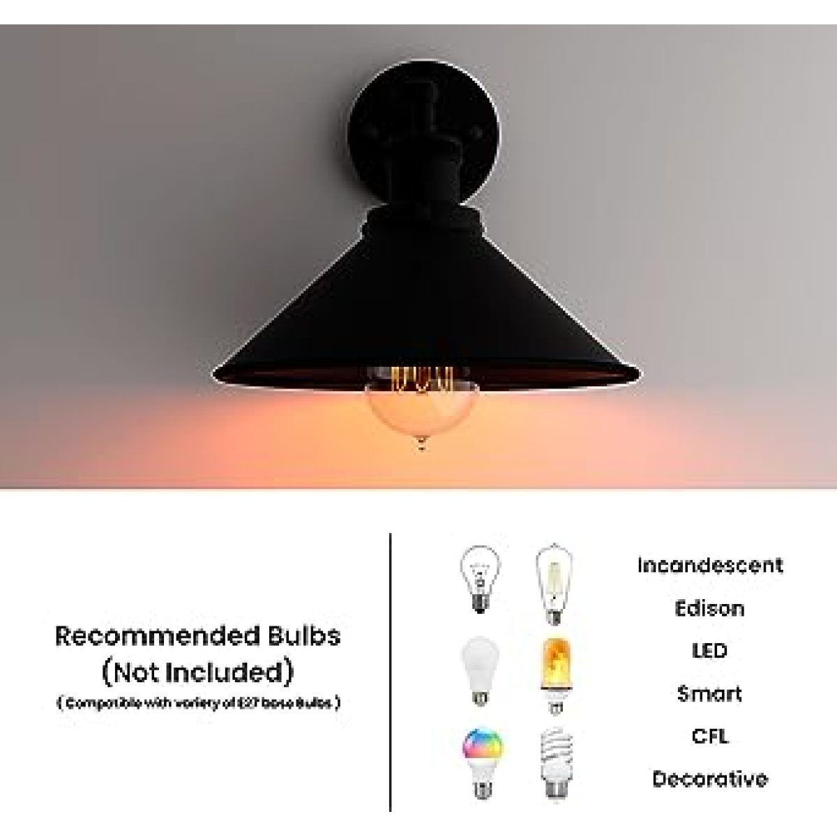 Black Vintage Retro Cone Shade Wall Sconce with E27 Holder