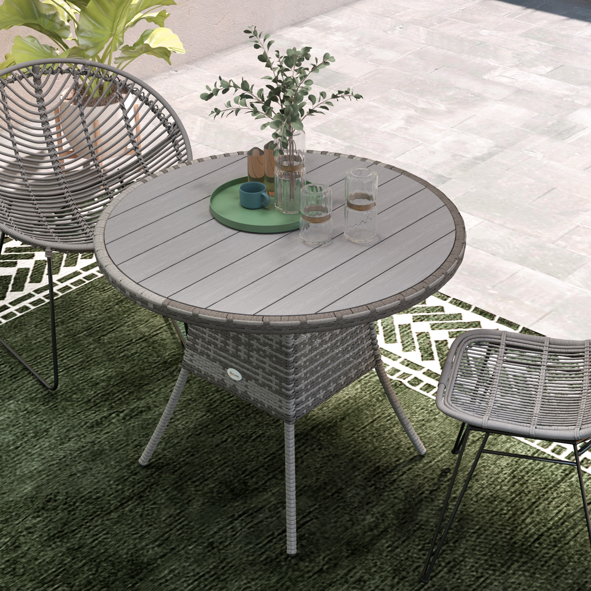 Outsunny Grey PE Rattan Outdoor Dining Table with Wood-Plastic Top