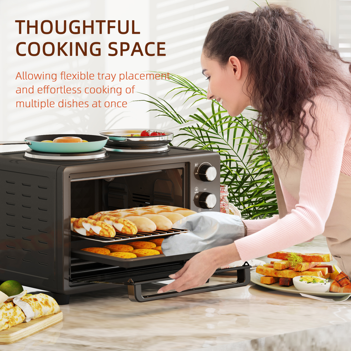 HOMCOM 28L Countertop Oven with 2 Hot Plates, Grill, Roast & Bake