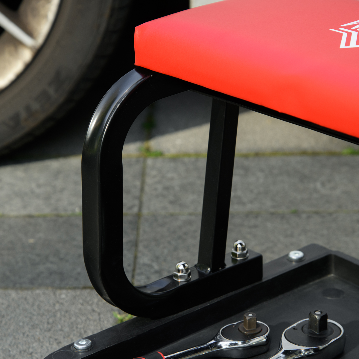 HOMCOM Rolling Workshop Stool with Tool Tray and Padded Seat, Red