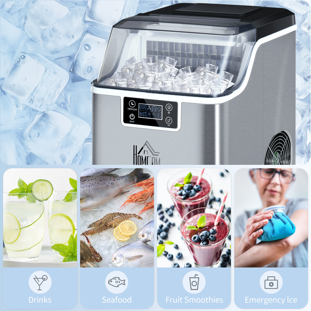 Counter Top Ice Maker Machine, Makes 20kg Ice in 24 Hours, 24 Cubes Every 18 Minutes, LCD Display, Automatic Cleaning, Adjustable Cube Size, 3.2L Capacity, Unbranded