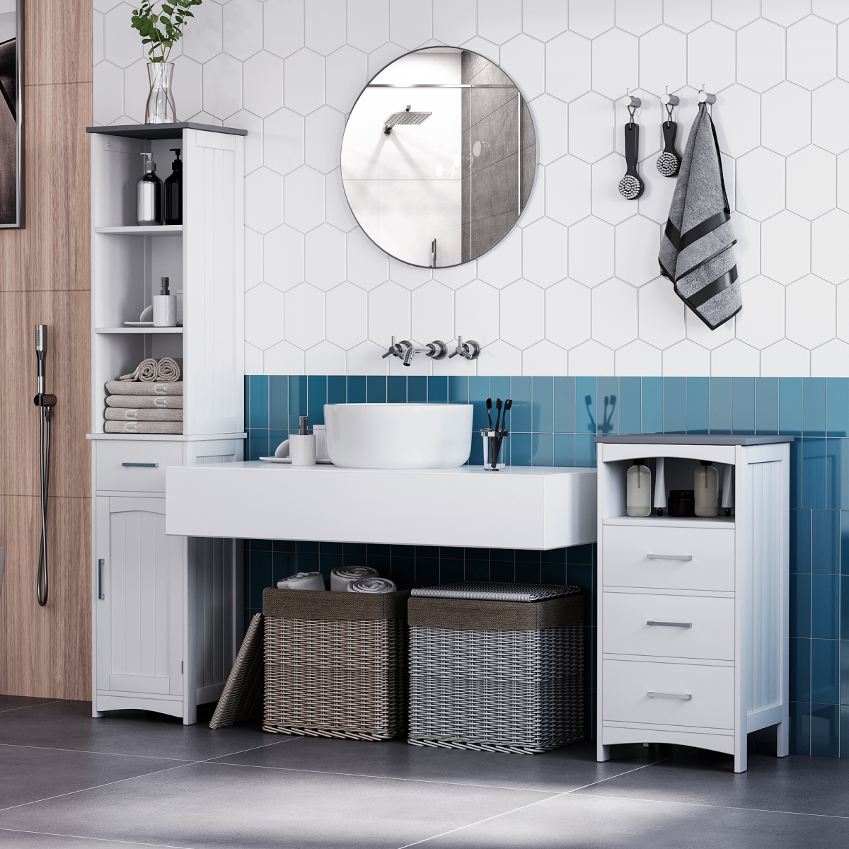 kleankin Tall Slim Freestanding Bathroom Storage Cabinet with 3 Shelves, Drawer and Cupboard, White