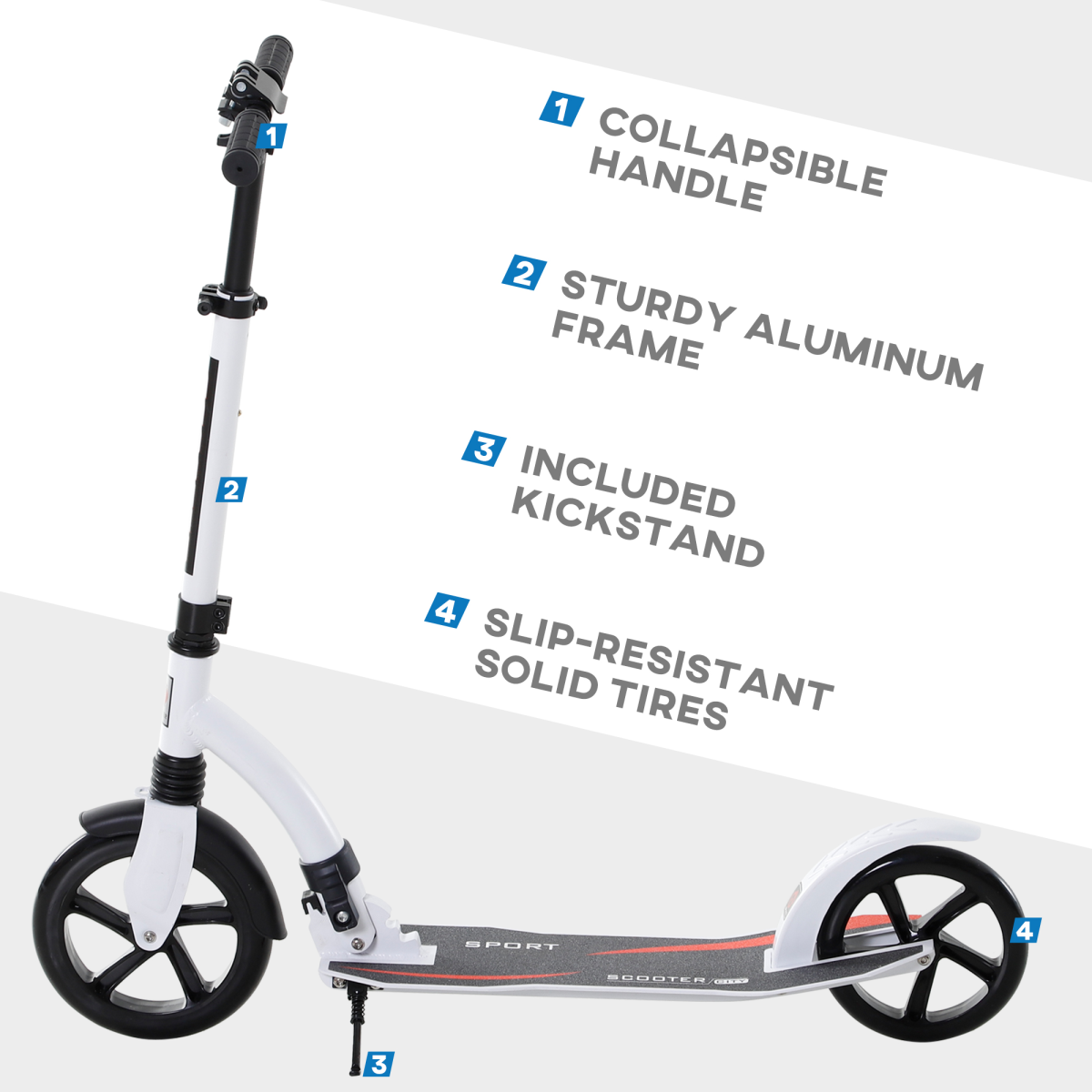 Teens Adult Kick Scooter Foldable Adjust Aluminum For Age 14 White HOMCOM