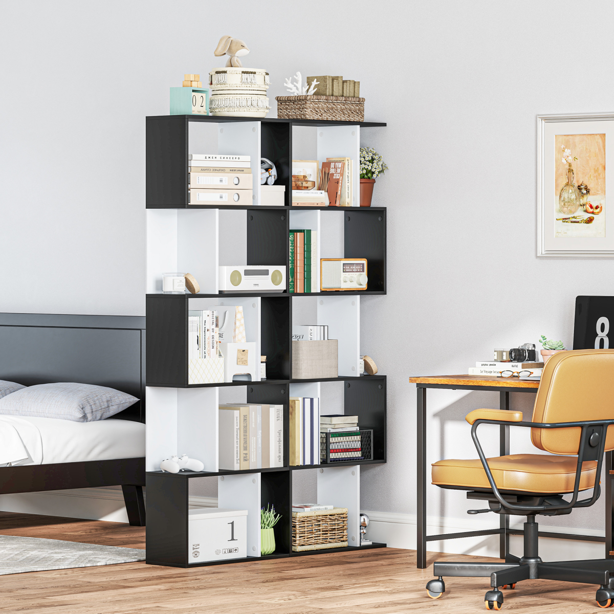 HOMCOM 5-Tier S-Shaped Bookcase Shelf Divider, Open-Back Display Storage Unit, Black
