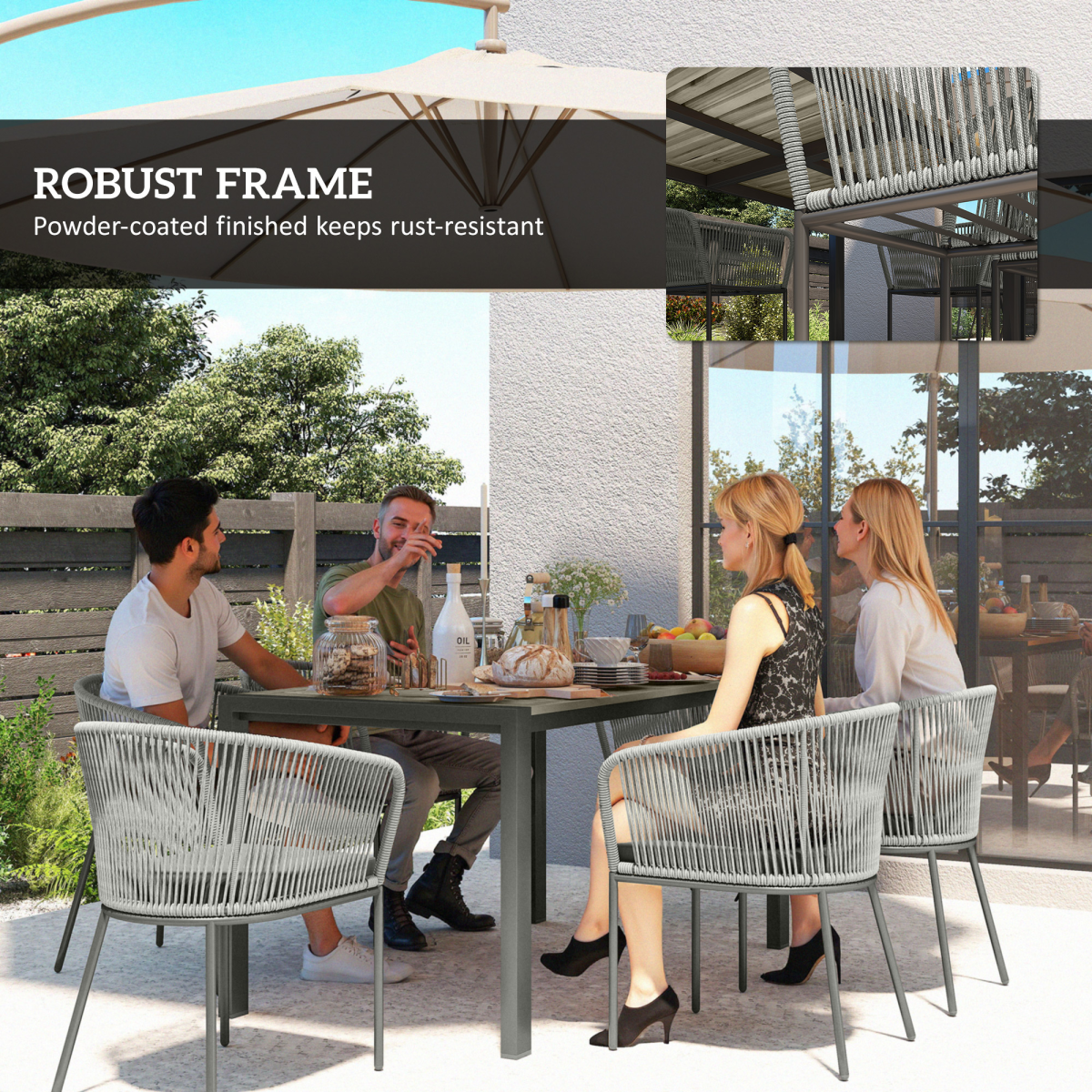 Outsunny 6-Seater Grey Rattan Dining Set with Acacia Wood Table and Cushions