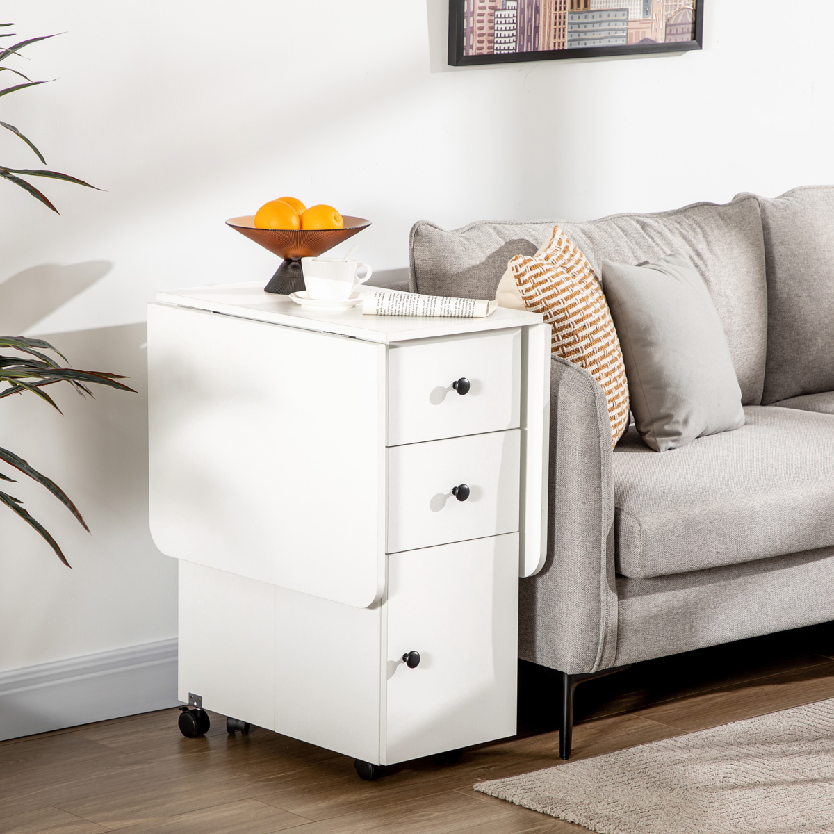 HOMCOM White Folding Drop Leaf Dining Table with Storage Drawers