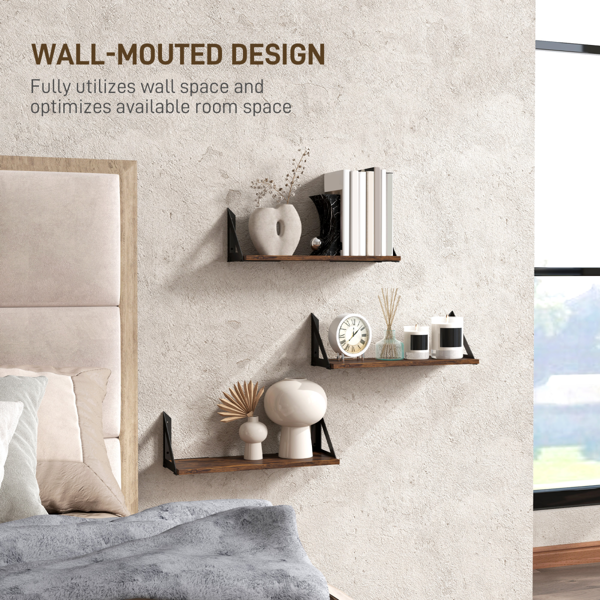 HOMCOM Set of 3 Vintage Wall Shelves, Rustic Brown