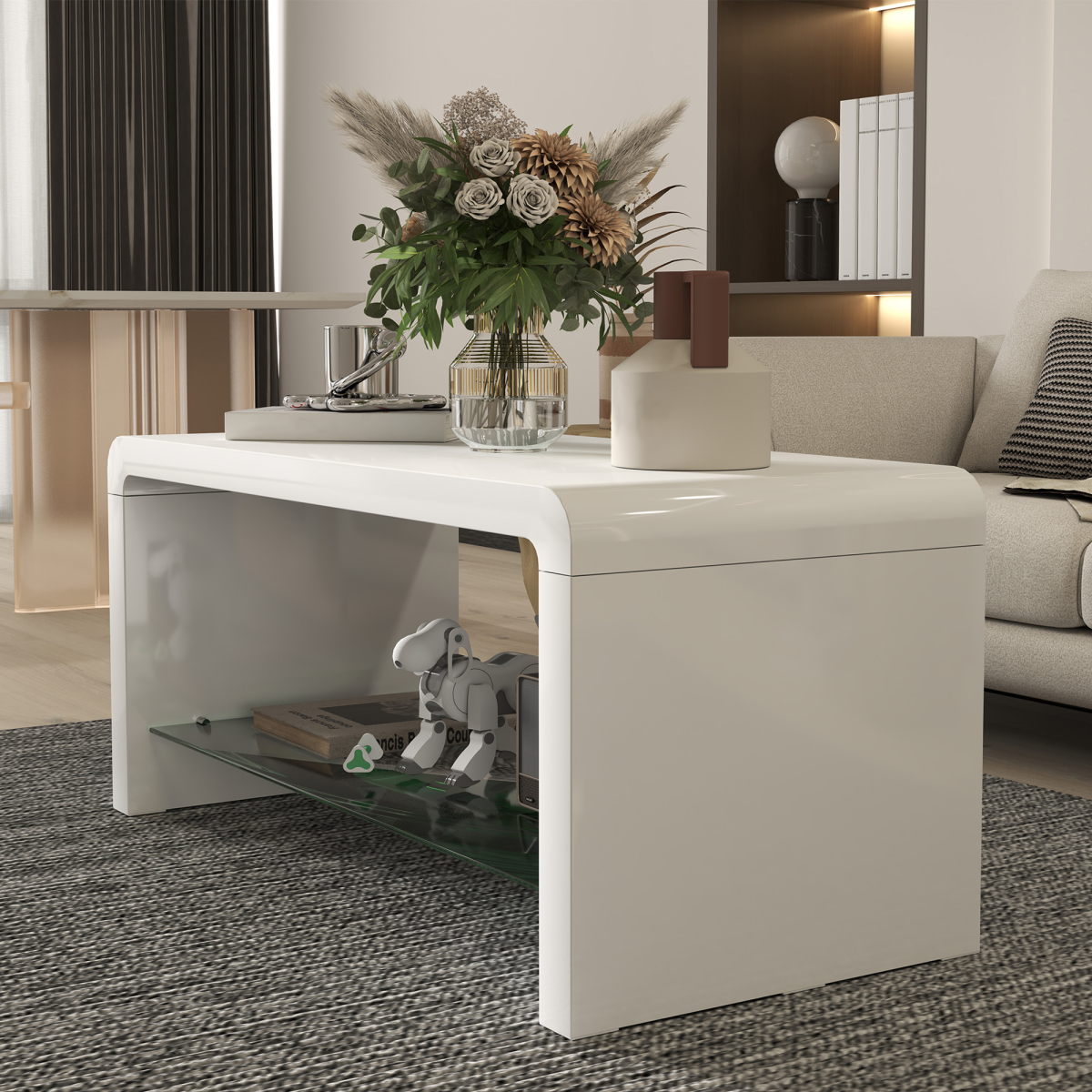 HOMCOM High Gloss White Curved Coffee Table with Glass Shelf