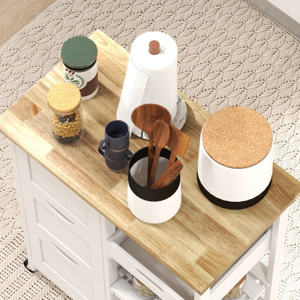 HOMCOM White Rolling Kitchen Island Cart with 3 Drawers & Tray