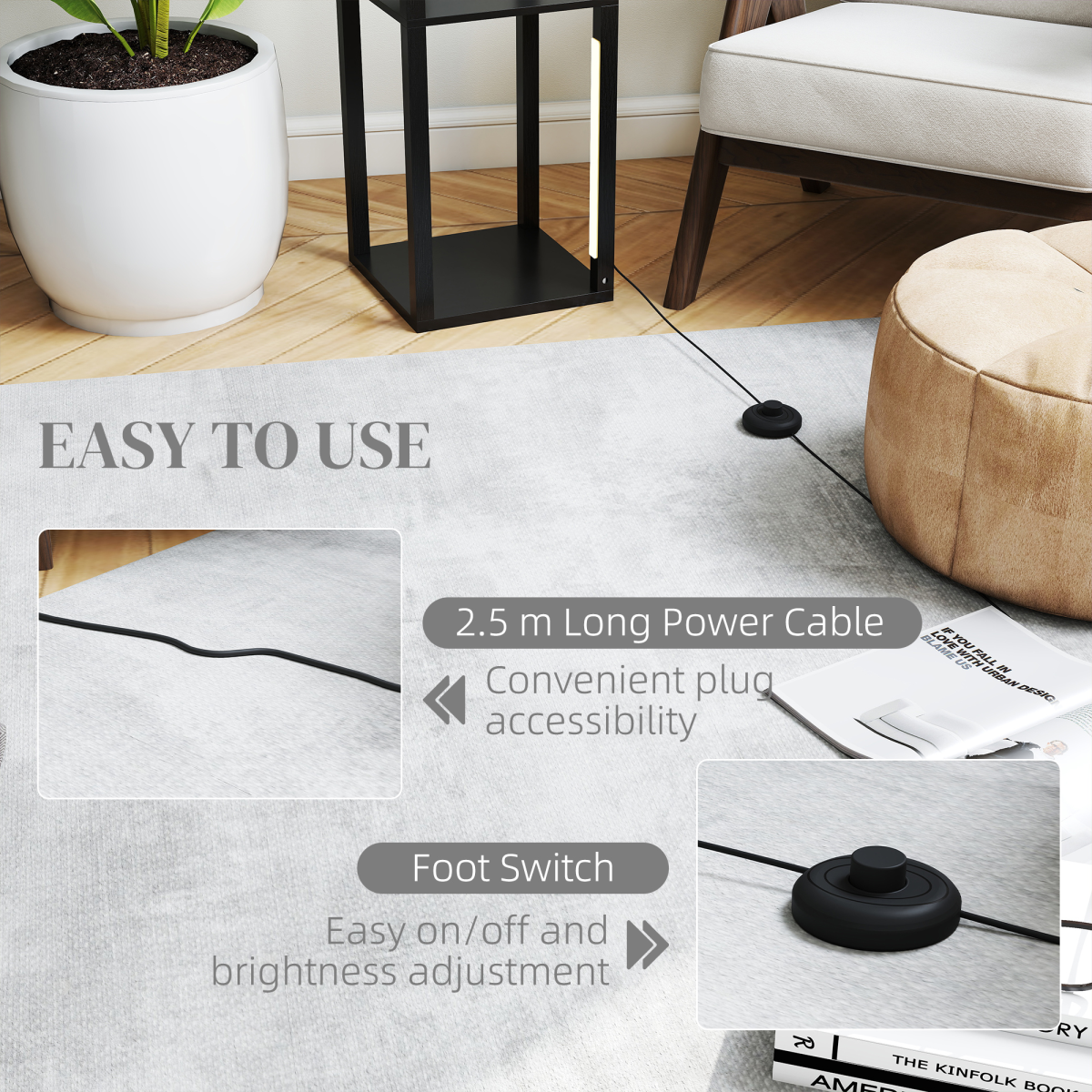 HOMCOM Black Floor Lamp with 4-Tier Shelf, Foot Switch, 3 Brightness Levels