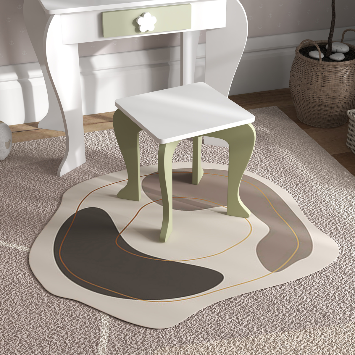 ZONEKIZ Kids Vanity Table Set with Stool, Mirror, Flower Design, White