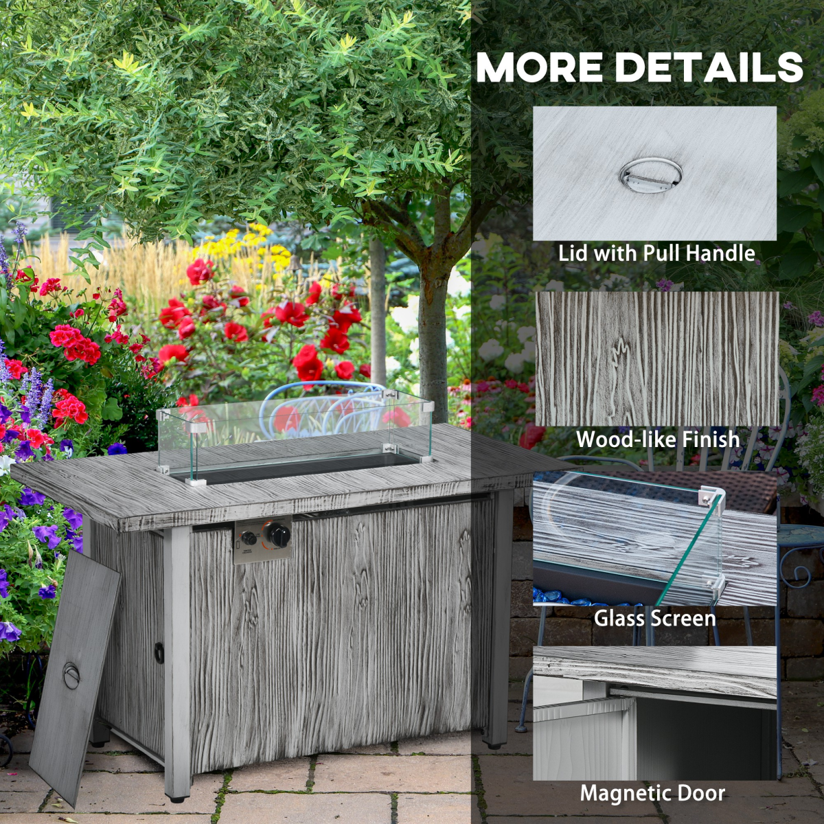 Outsunny Gas Fire Pit Table with 50,000 BTU Burner, Glass Screen and Rain Cover, Grey