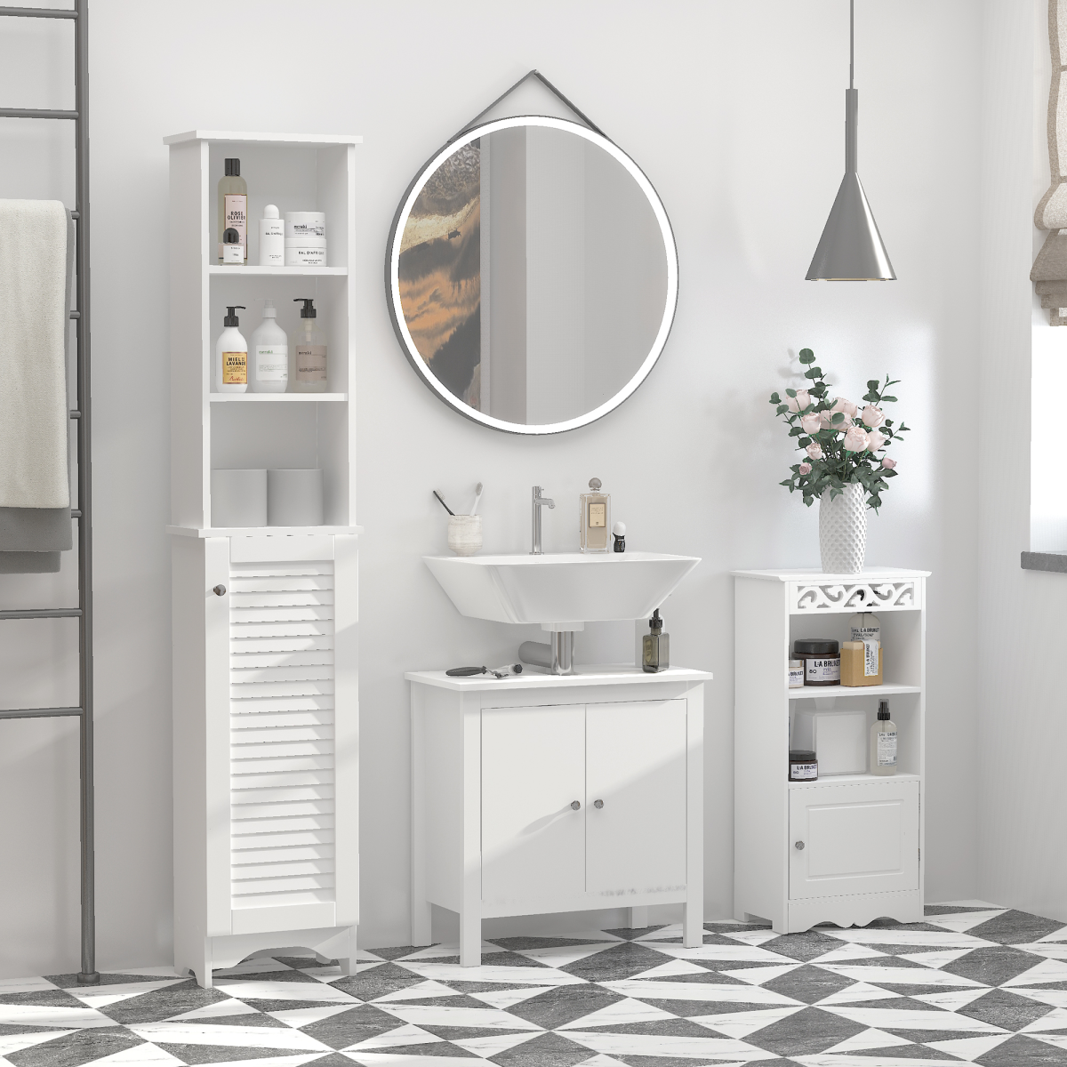 HOMCOM 6-Tier Tall Bathroom Storage Cabinet White with Open Shelves, Adjustable Shelves and Cupboard
