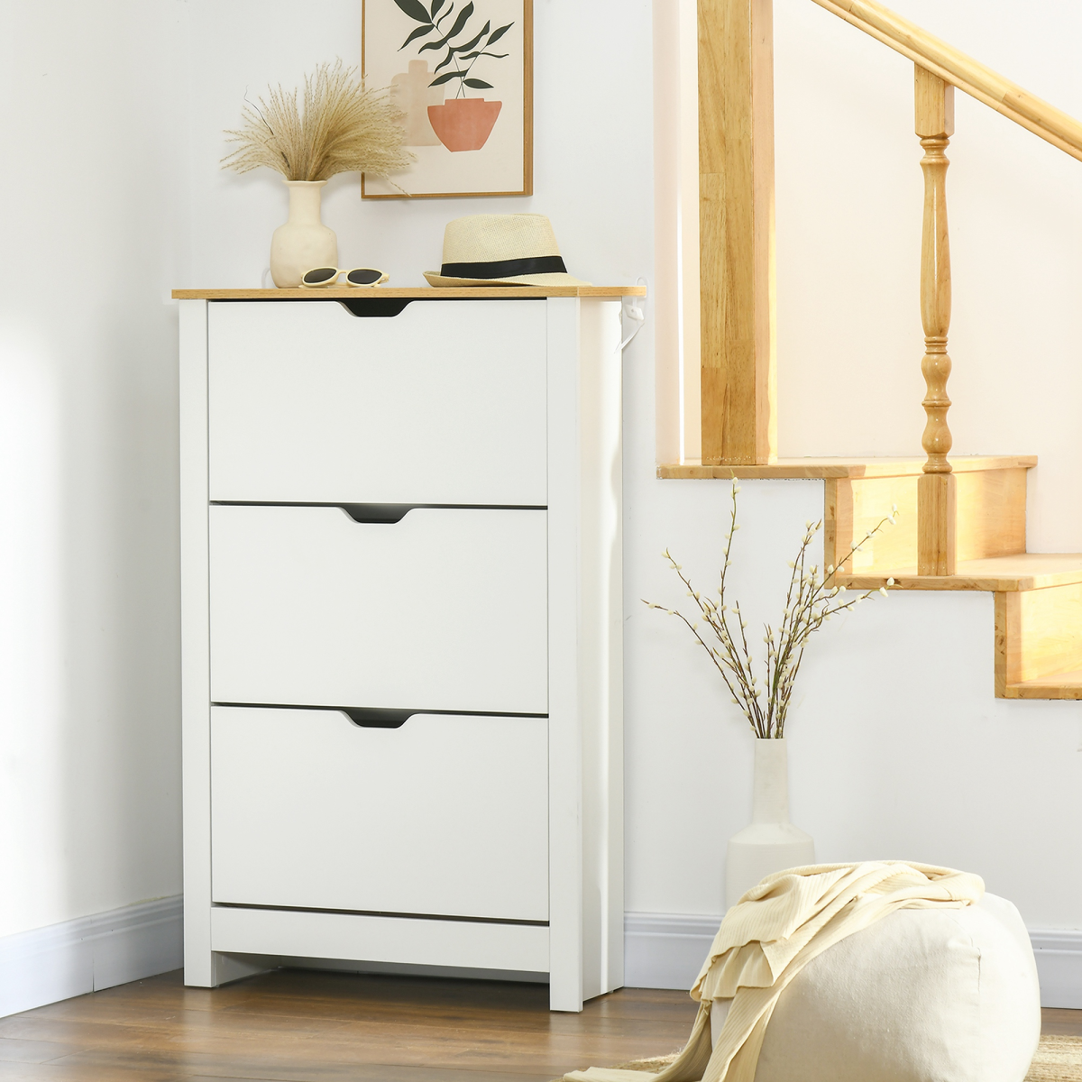 HOMCOM 18-Pair Shoe Storage Cabinet with 3 Drawers, 6 Shelves, White
