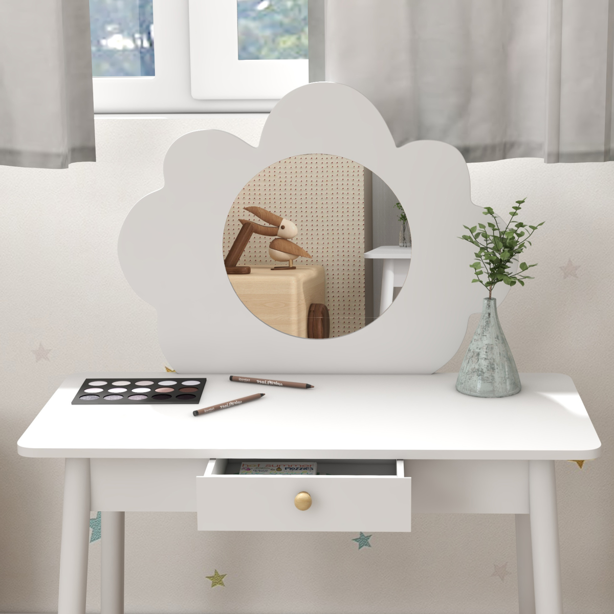 AIYAPLAY Kids Cloud Dressing Table Set with Mirror, Stool & Drawer