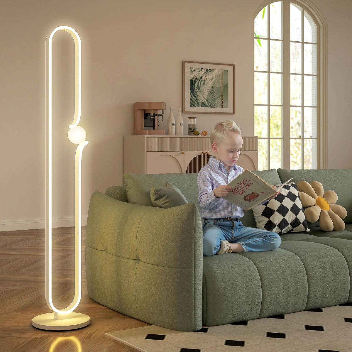 HOMCOM Dimmable LED Floor Lamp with Glass Night Light, Foot Switch, White