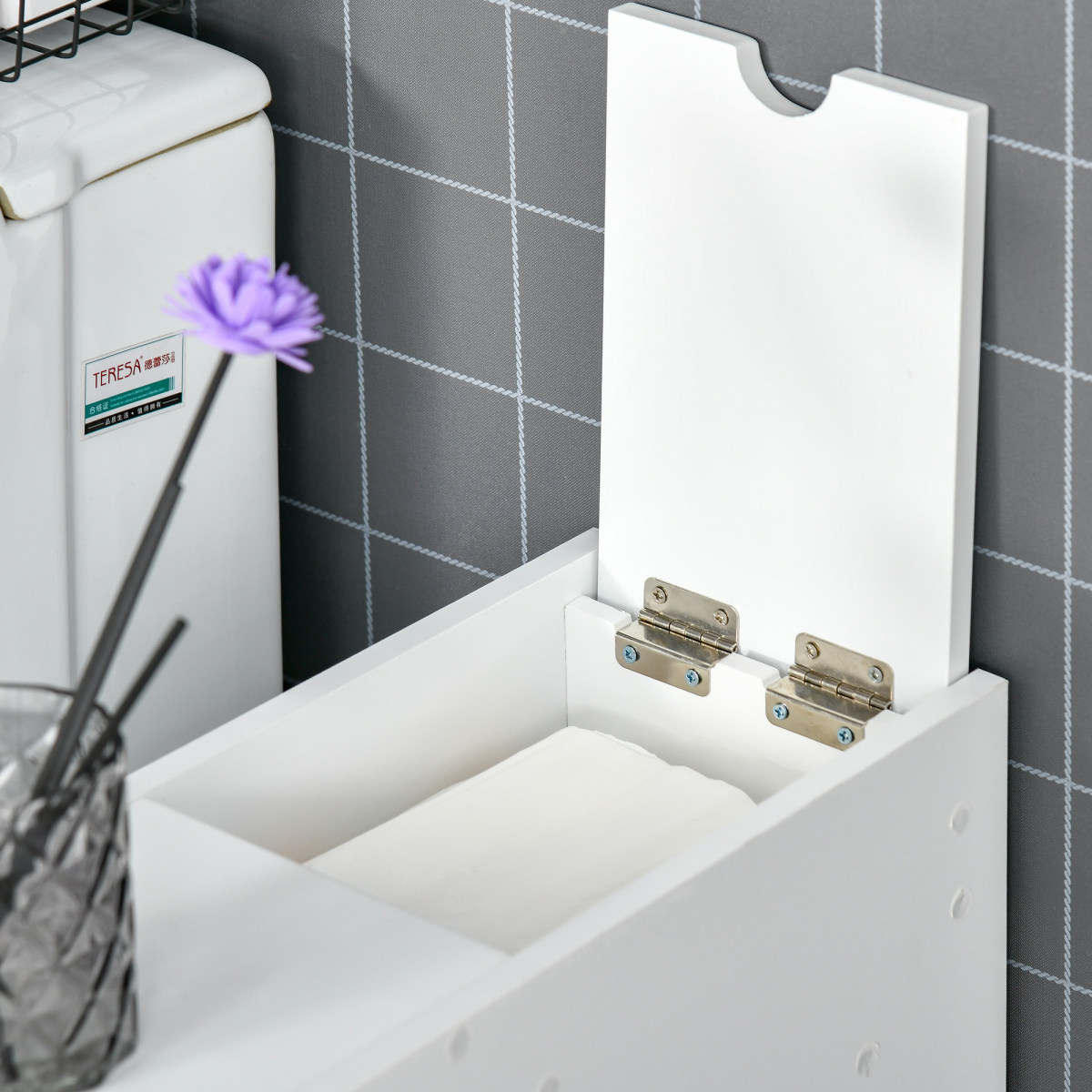 Slim White Bathroom Floor Cabinet with Large Drawer, Slide-Out Drawer and Top Tray, 58 x 17 x 48 cm