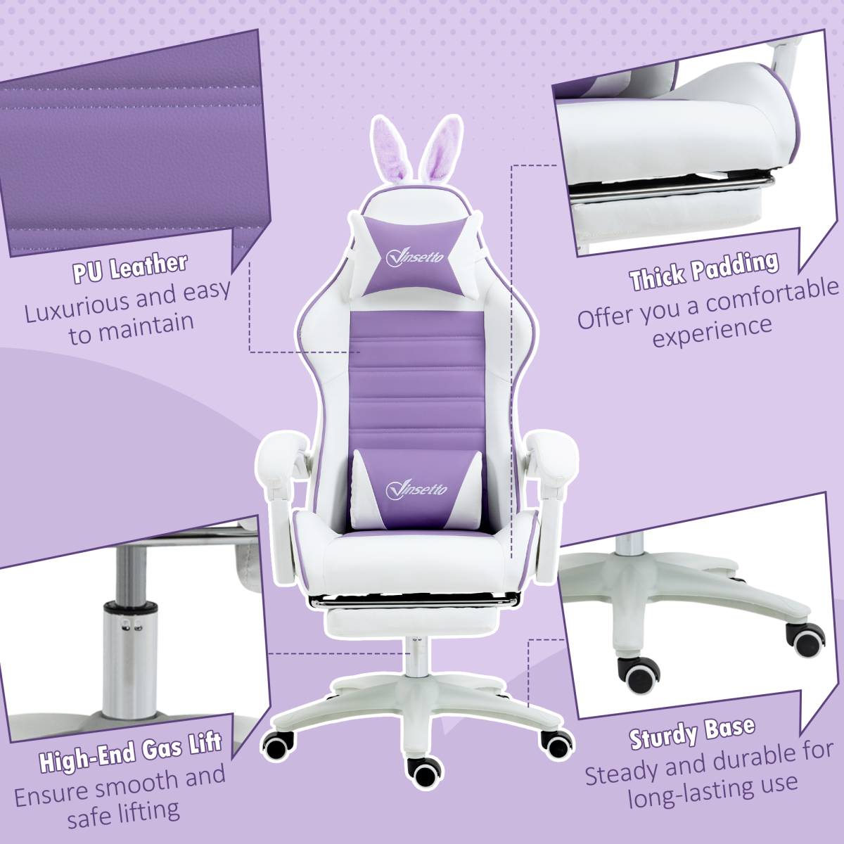 Vinsetto Racing Style Gaming Chair with Footrest, Removable Bunny Ears, Purple