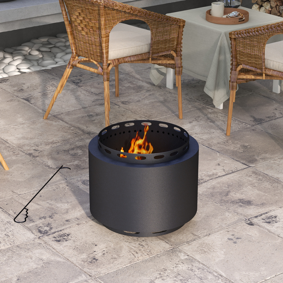 Outsunny 48.5cm Smokeless Wood Burning Fire Pit with Poker, Metal, Black