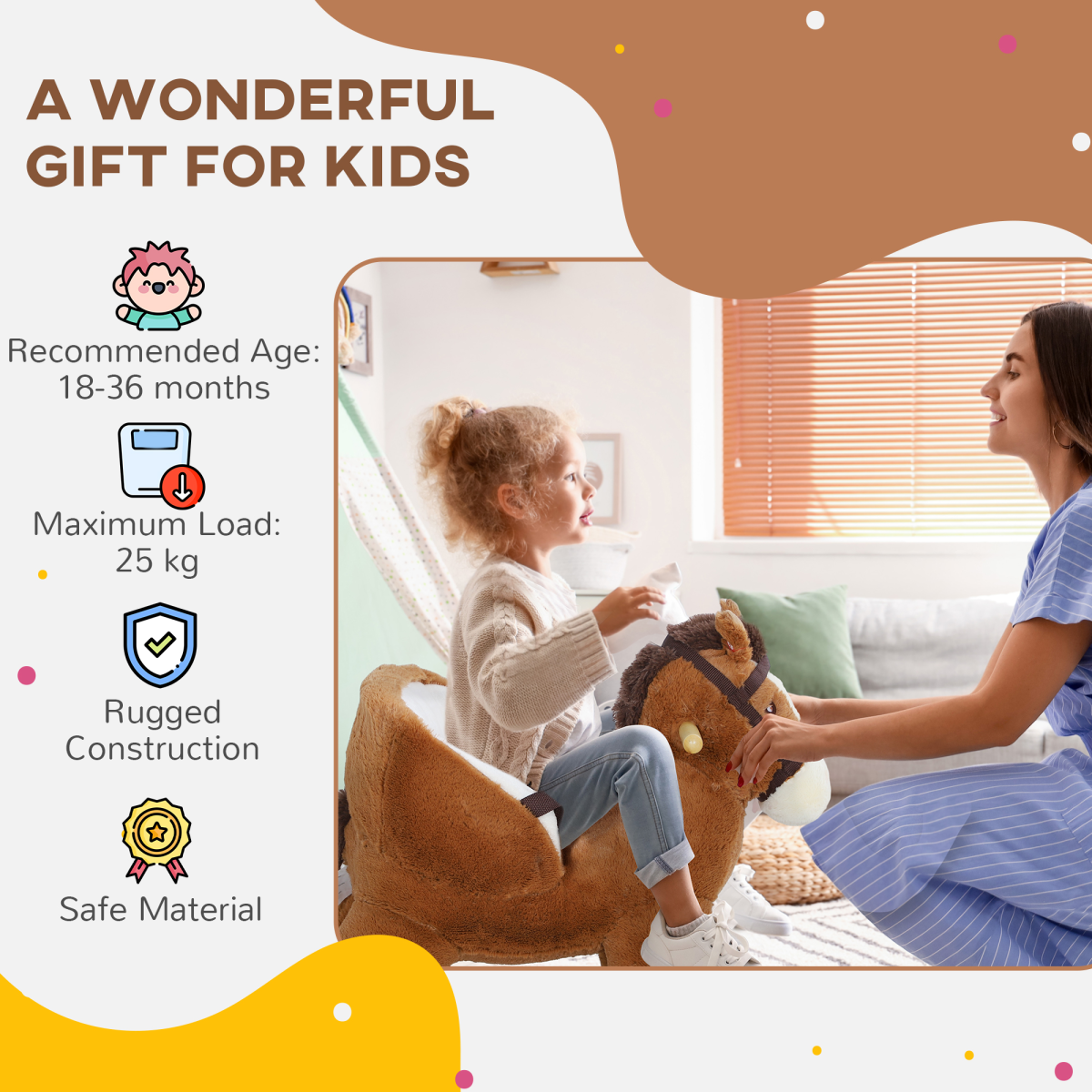 AIYAPLAY Kids Rocking Horse with Sound, Safety Belt, Brown