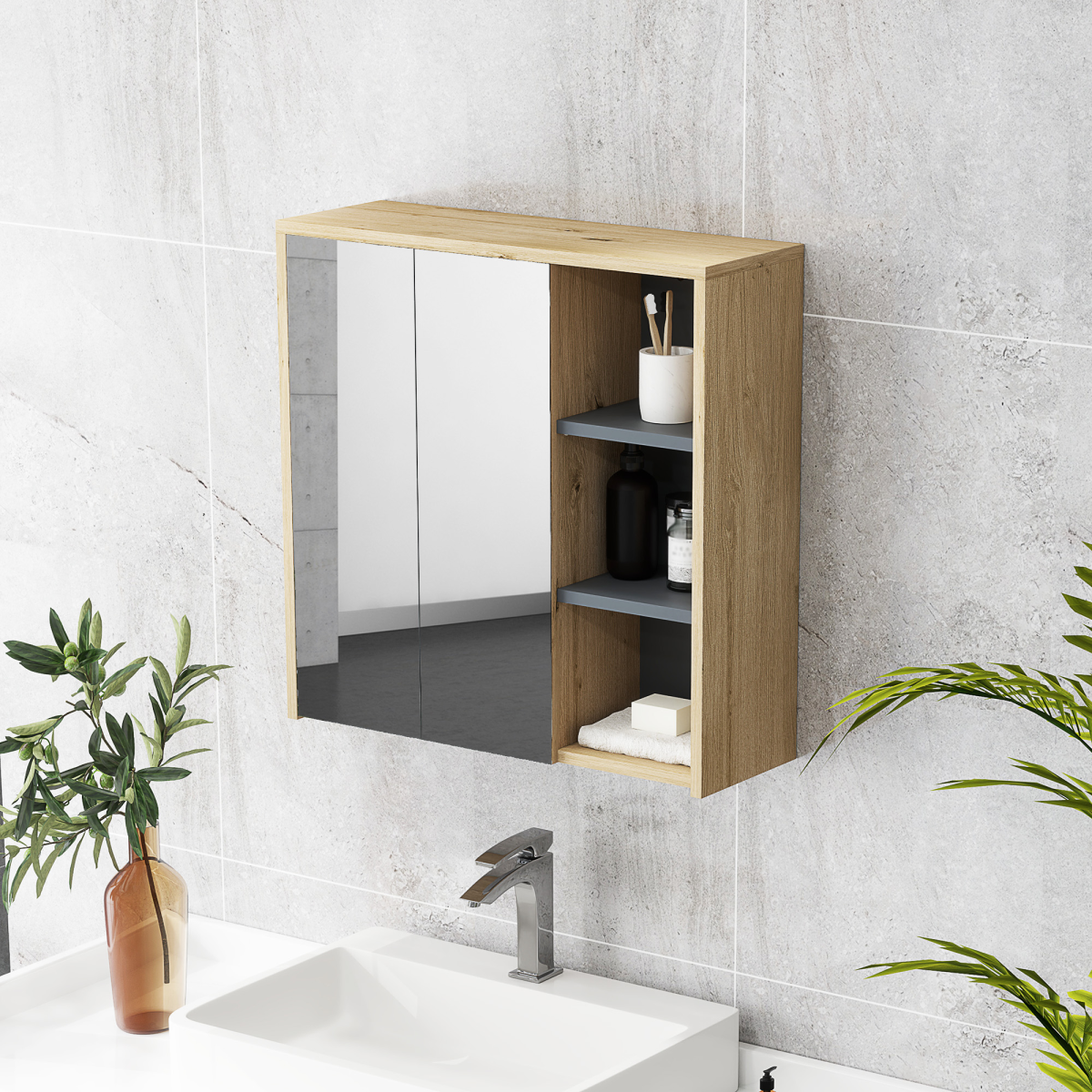HOMCOM Wall Mounted Bathroom Mirror Cabinet with 5 Shelves, Natural