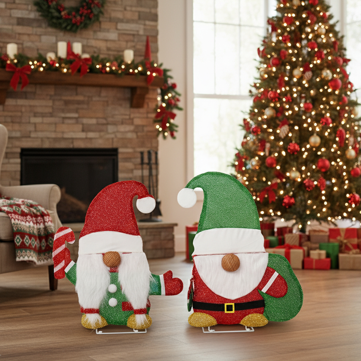 Set of 2 Lighted Gnome and Candy Cane Christmas Decorations, Pre-lit 2D Holiday Decor with 80 Warm White LED Lights for Xmas Outdoor Indoor Decor Lighted Holiday Displays