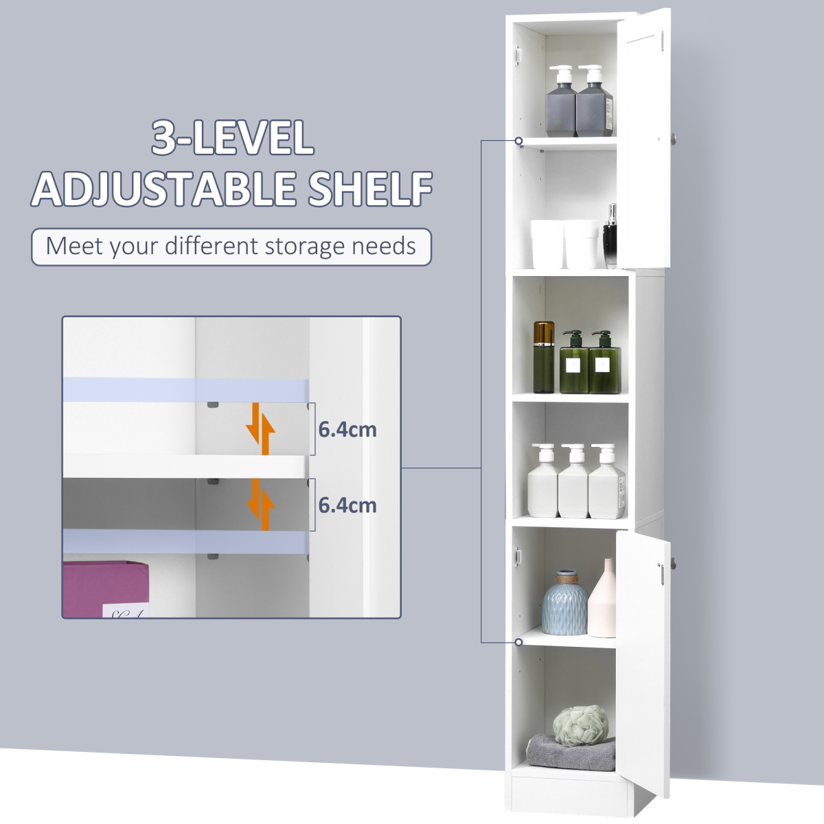 Bathroom Floor Storage Cabinet with Mirrored Door, 2 Cupboards and 2 Shelves, Tallboy Unit