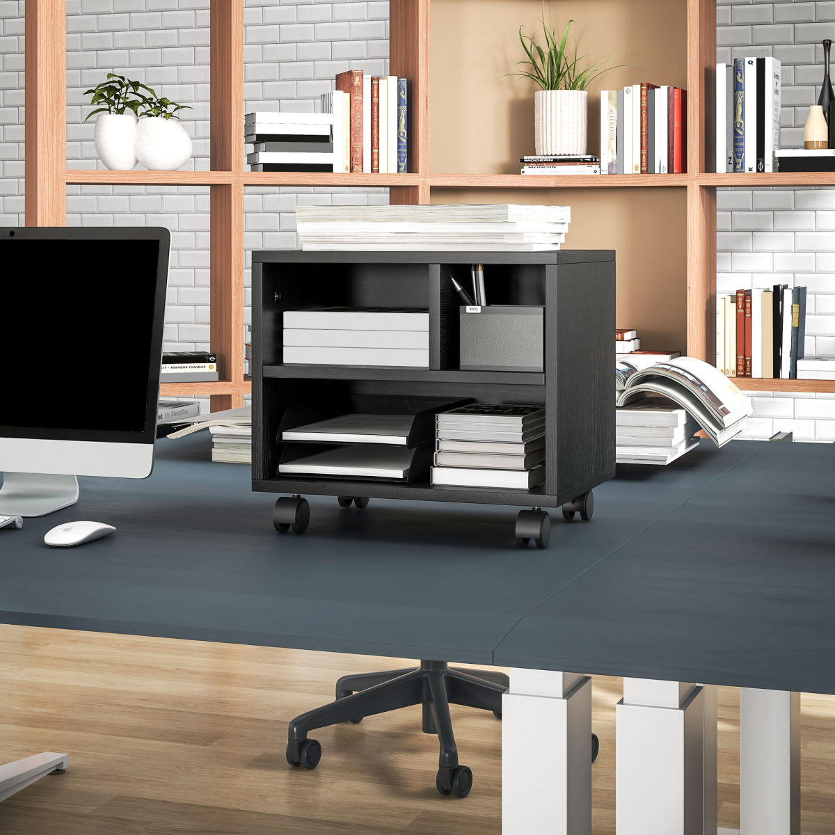 HOMCOM 3-Compartment Printer Stand on Wheels with Brakes, Black