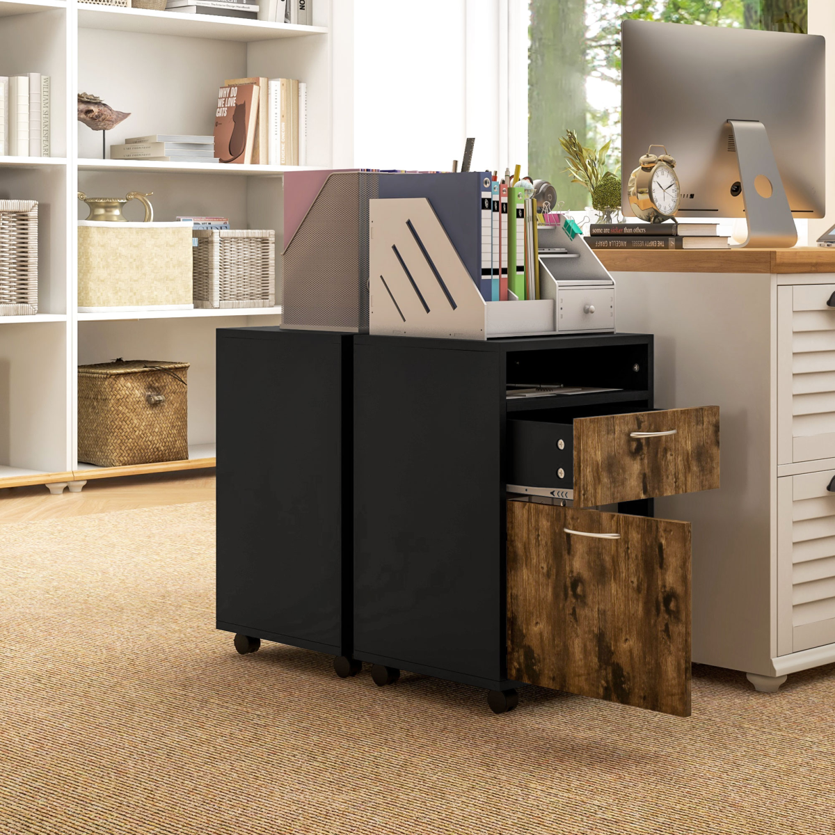 HOMCOM 60cm Storage Cabinet on Wheels with Drawer and Open Shelf, Rustic Brown