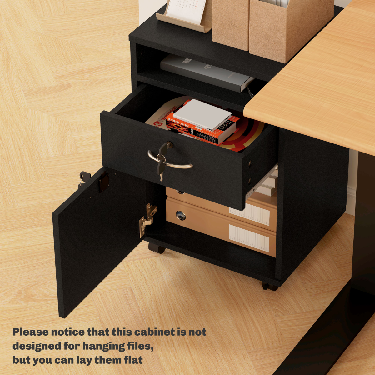 HOMCOM 60cm Black Storage Cabinet with Drawers, Open Shelf and Wheels