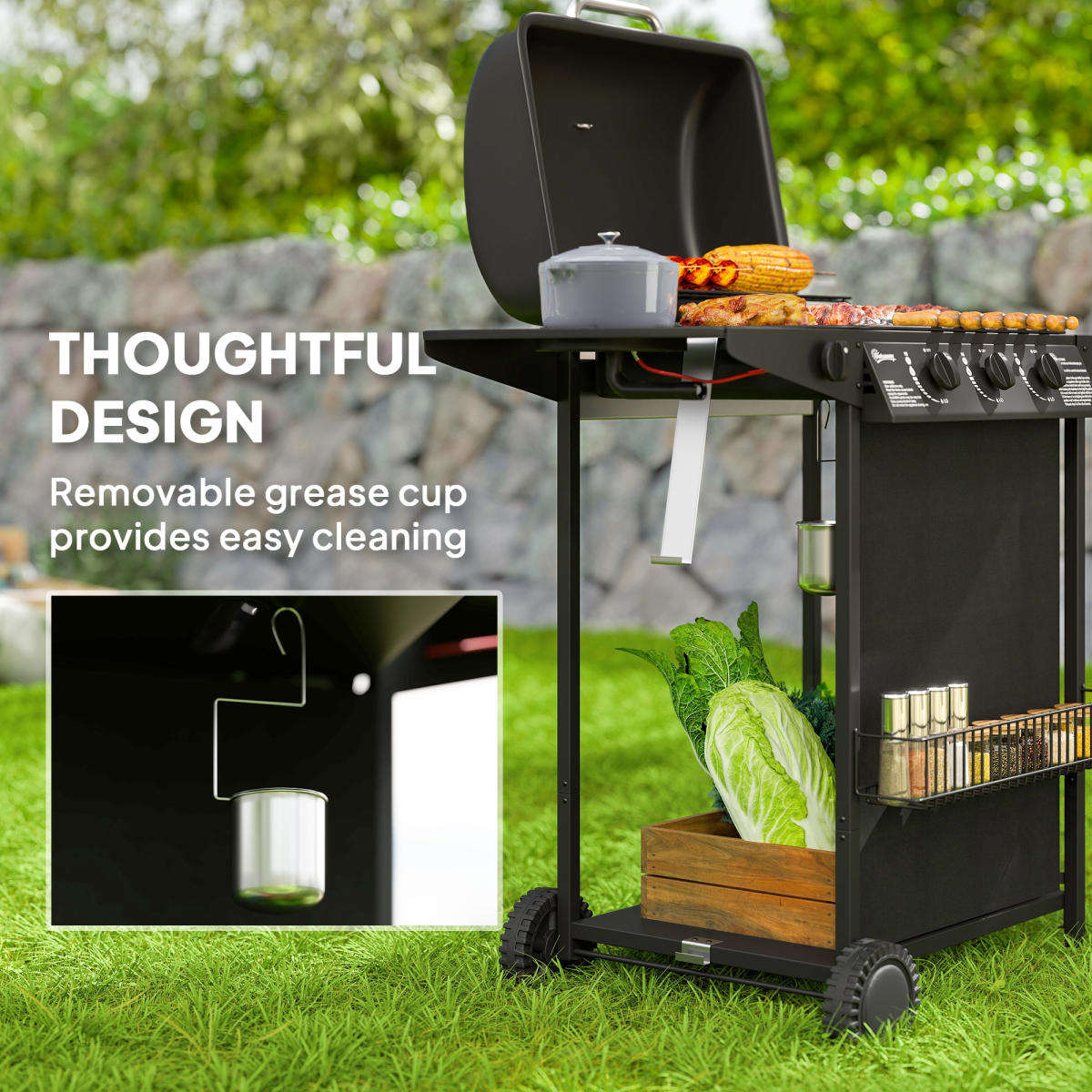 Outsunny 4-Burner Gas BBQ Grill with Side Burner and Lid, Black