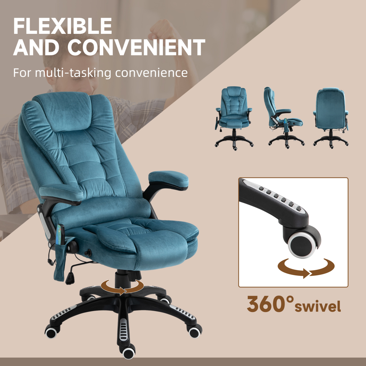 Blue Executive Reclining Office Chair with Heat Massage Headrest