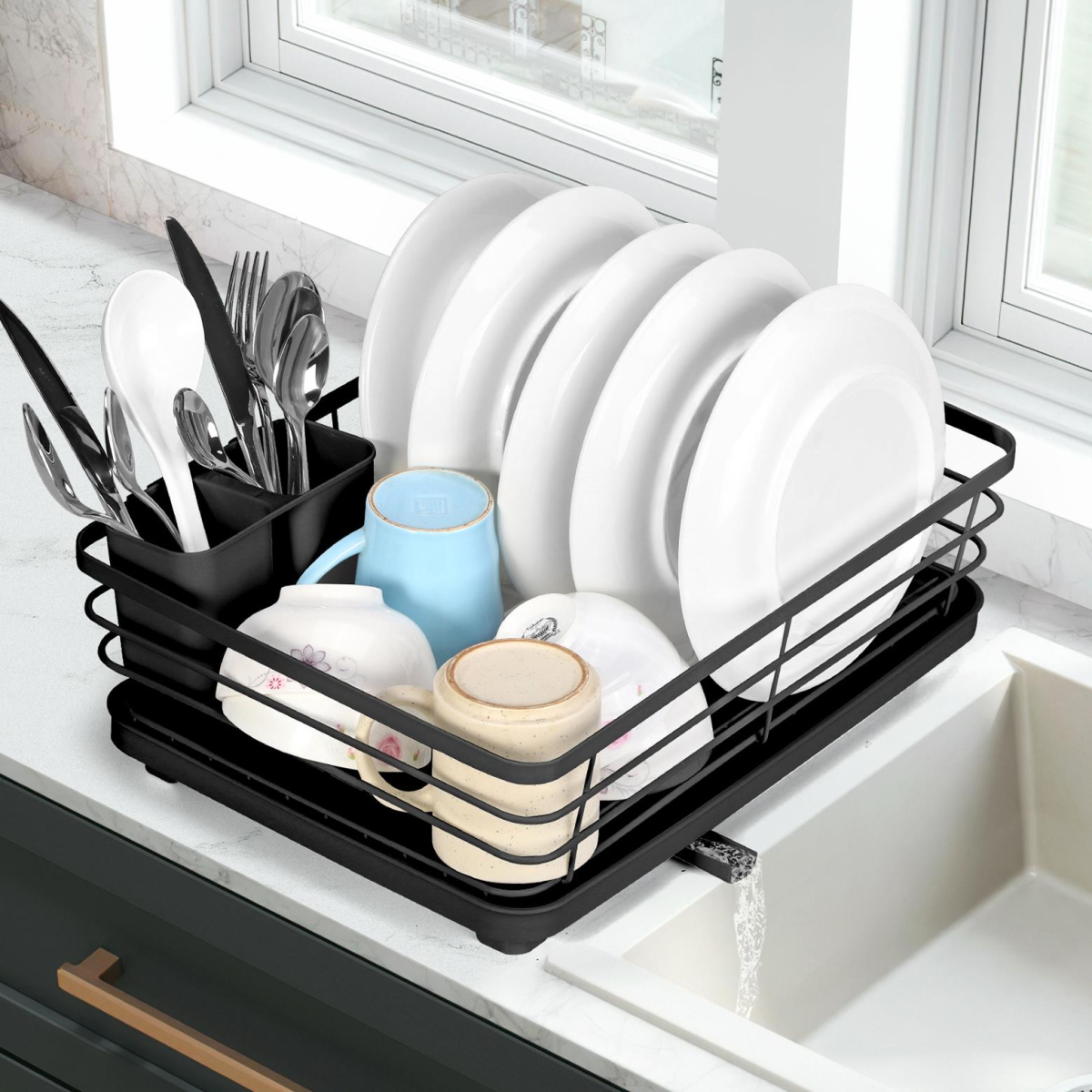 Vinsani Black Stainless Steel Dish Rack with Drip Tray and Utensil Holder