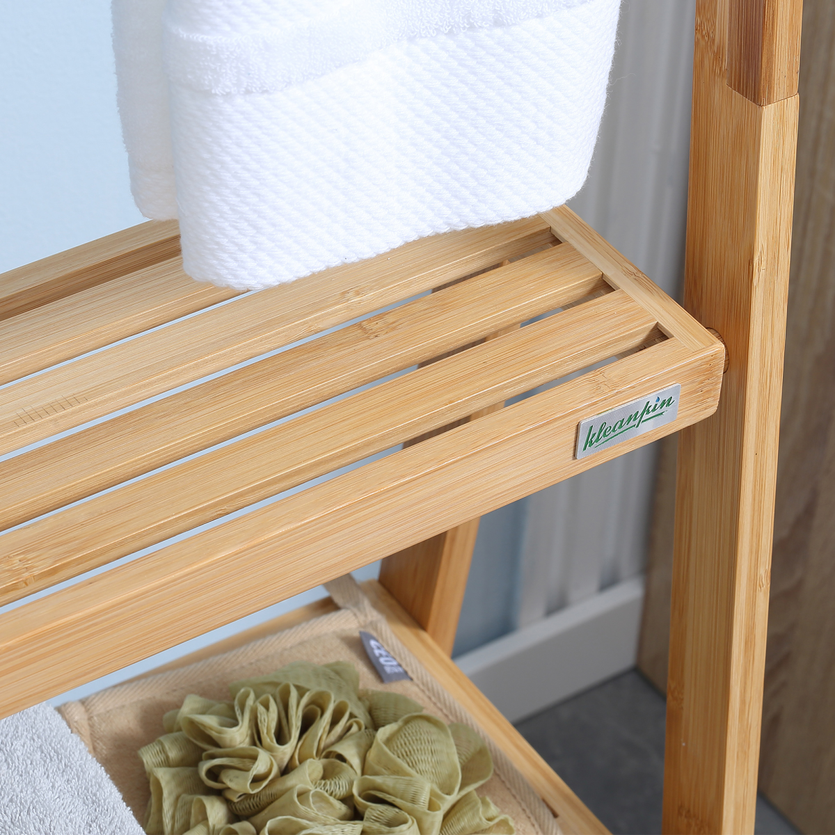 Freestanding Foldable Bamboo Towel Rack with Shelves and 3 Bars