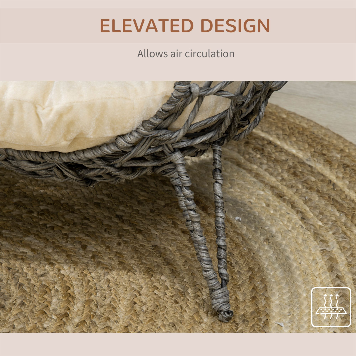 PawHut Elevated Rattan Cat House with Cushion, Grey