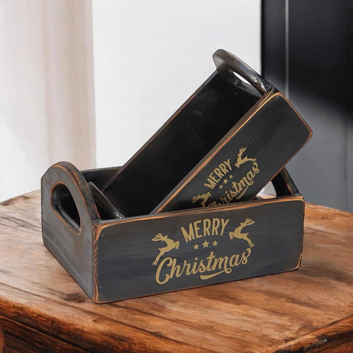 MSL Set of 2 Black Wooden Christmas Boxes, Hand Finished