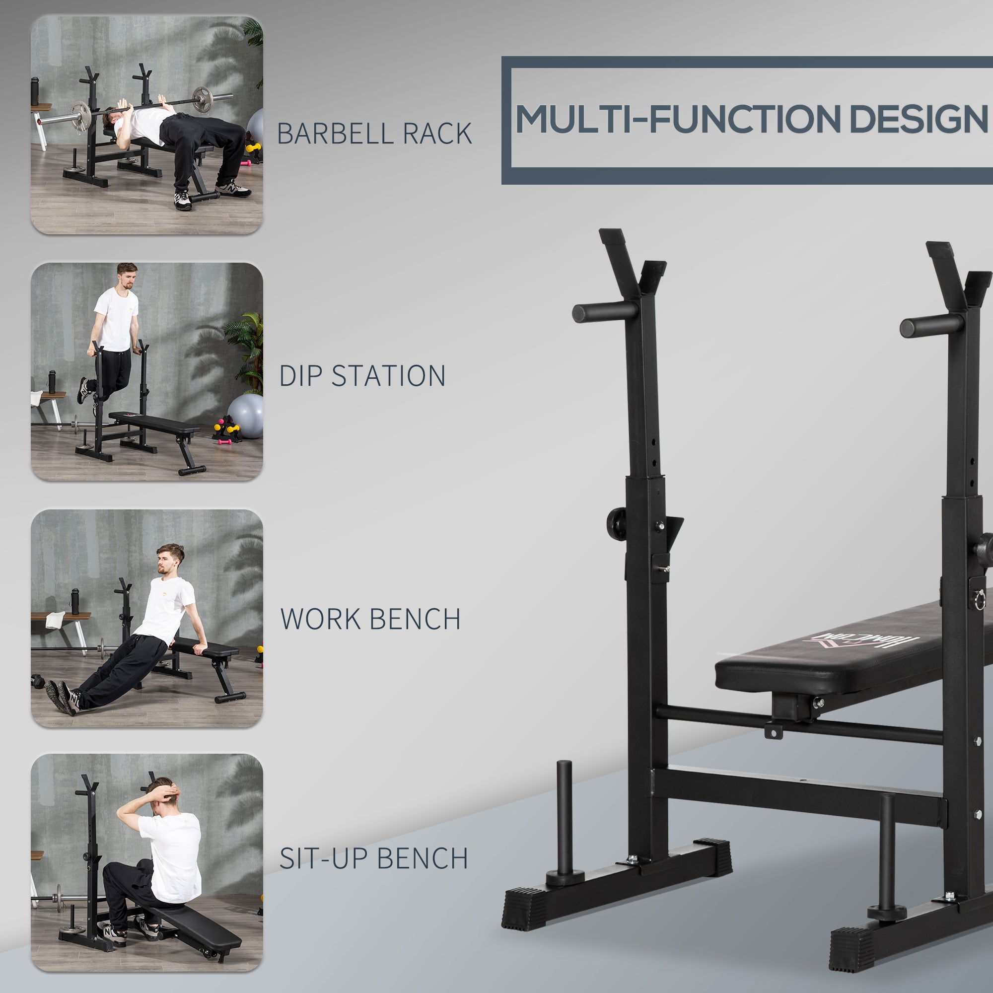 HOMCOM Adjustable Weight Bench with Barbell Rack and Dip Station, Foldable, Black
