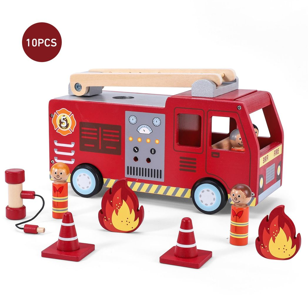 SOKA Wooden Fire Engine Truck Playset with 4 Firefighters