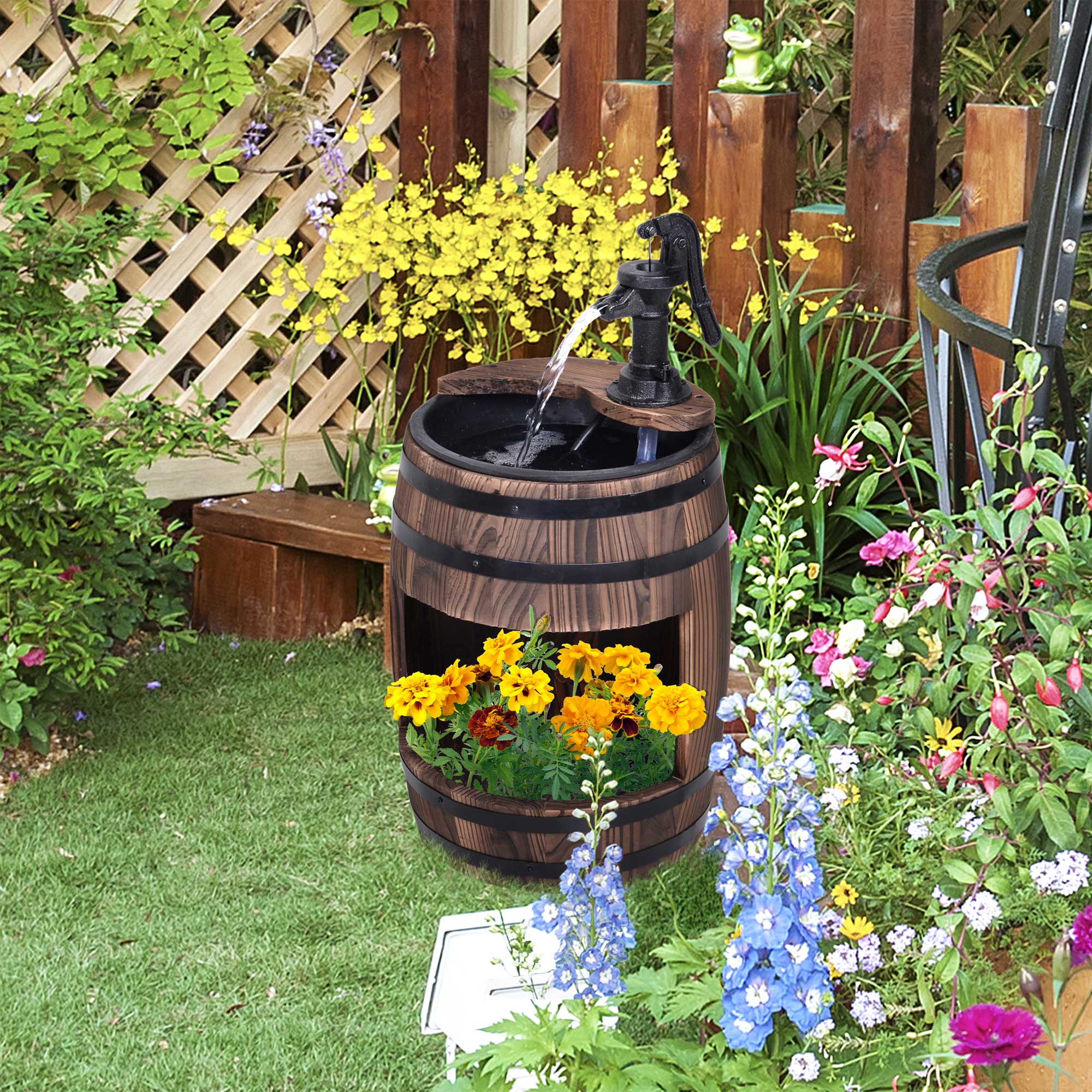Outsunny Retro Wood Barrel Water Pump Garden Fountain with Adjustable Flow