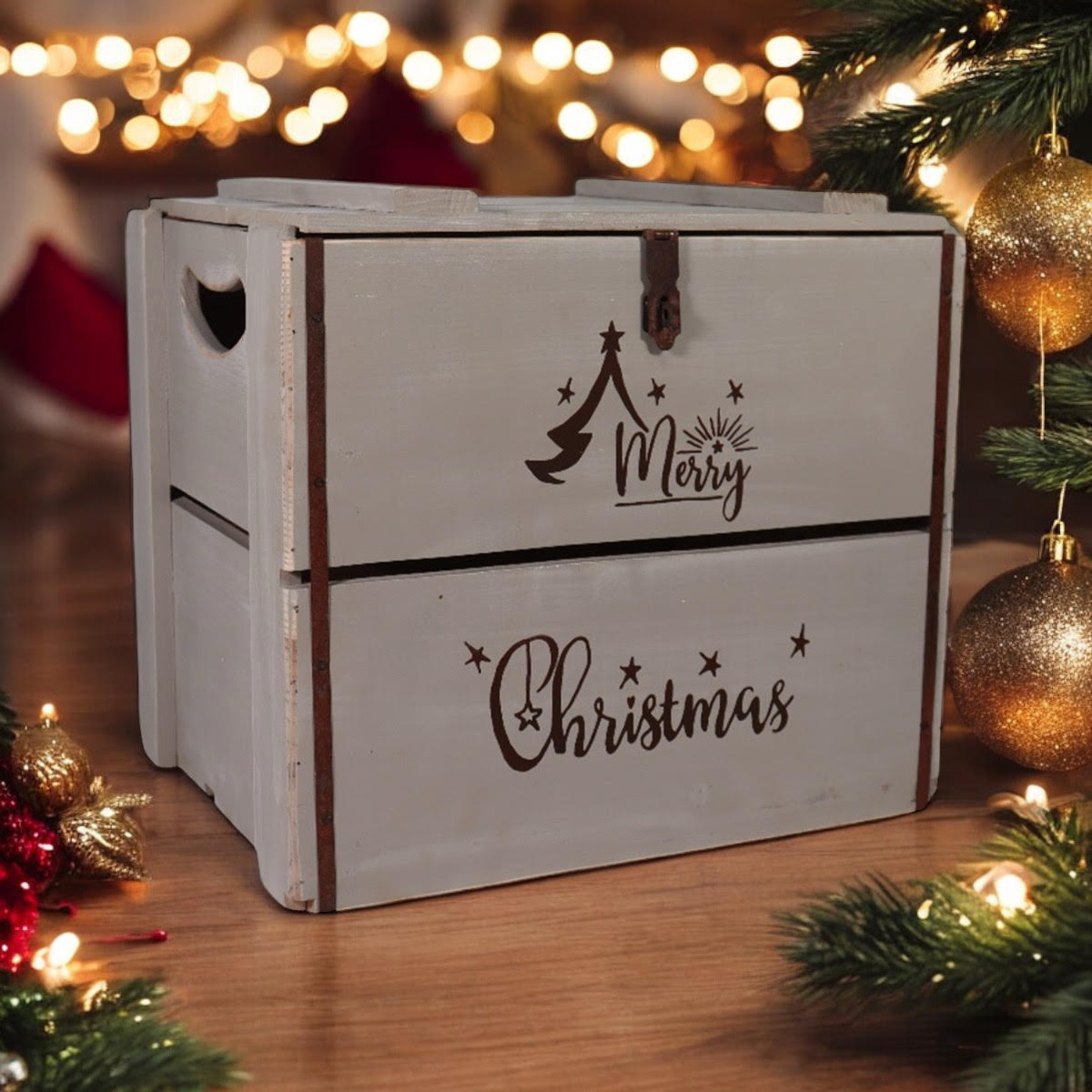 MSL 42cm Rustic Grey Wooden Christmas Box with Lift-Up Lid, Hand Finished
