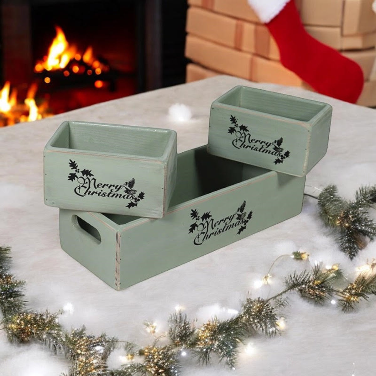 Set of 3 Rustic Green Wooden Christmas Boxes, 34/15/15CM, Hand Finished, Ready to Fill