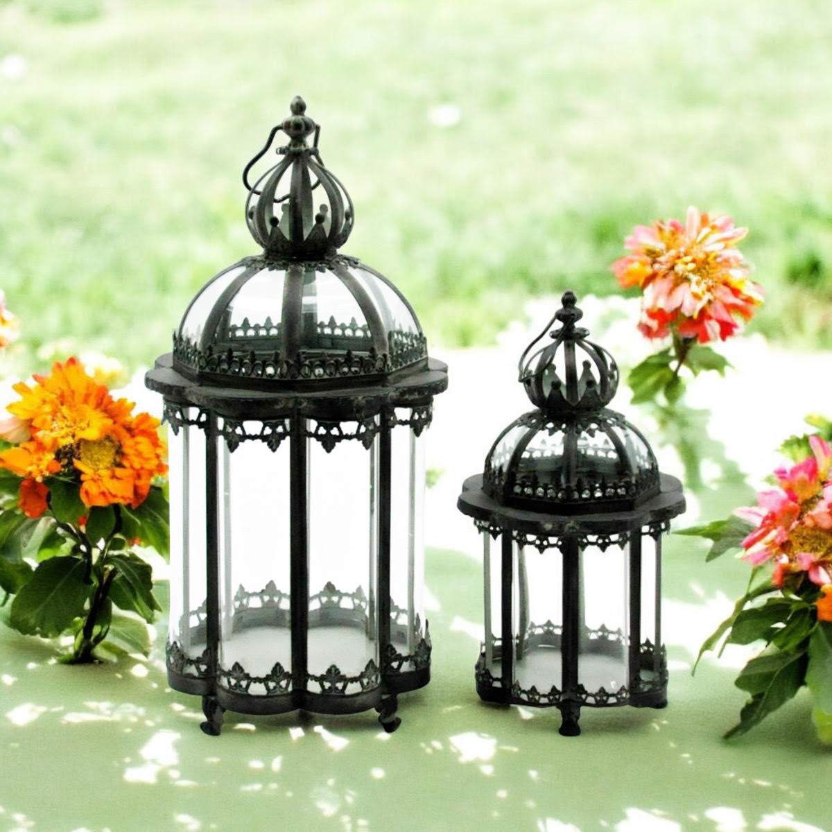Set of 2 Hand-Finished Green Metal Garden Lanterns 65/45CM