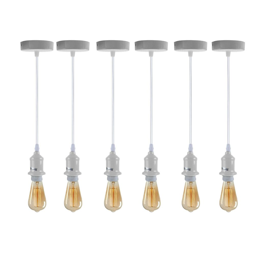 6 Pack Industrial Pendant Light Fitting, Lampshade Addable E27 Lamp White Holder Fitting Set With PVC Cable