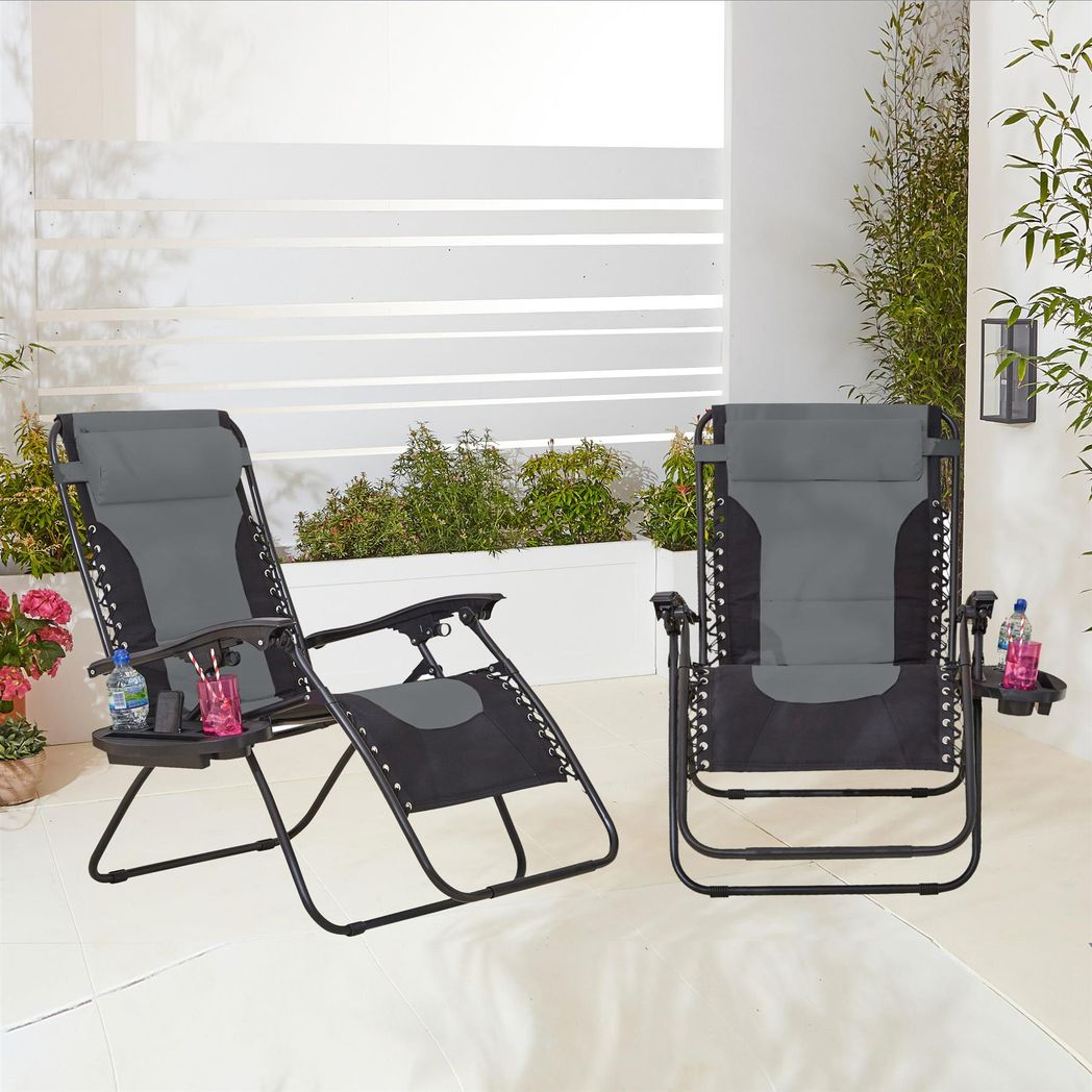 Neo Grey Pair of XL Outdoor Zero Gravity Sun Loungers with Removable Pillows and Cup Holder Tray