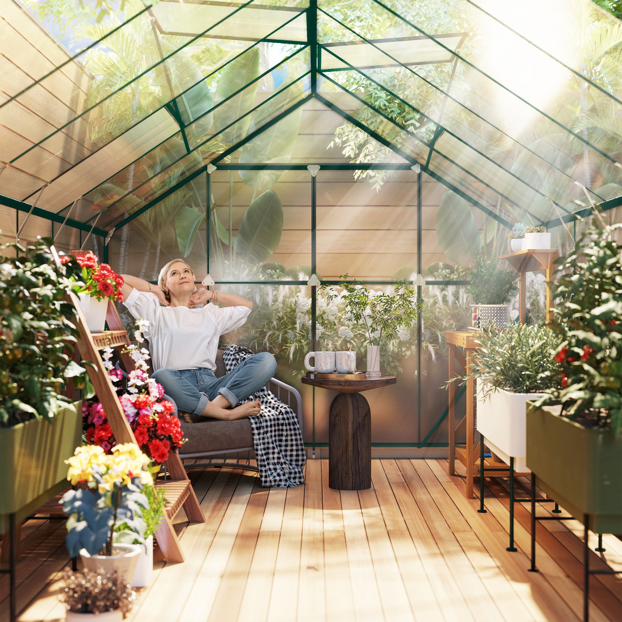 12x8ft Walk-In Polycarbonate Greenhouse with Double Sliding Doors