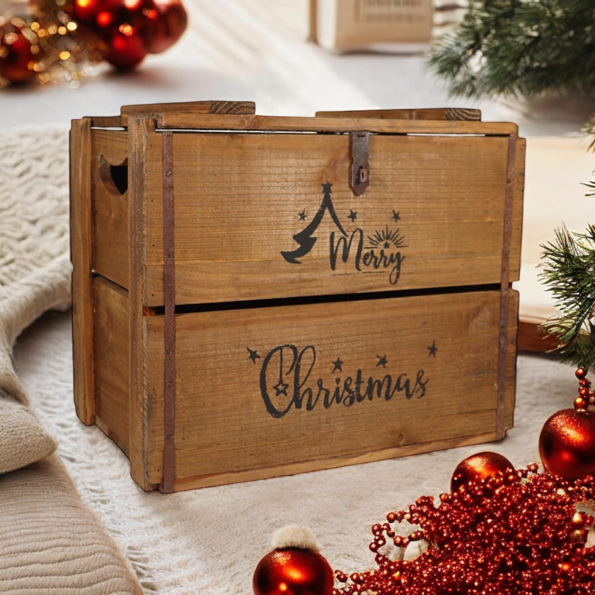 MSL 42CM Wooden Merry Christmas Box with Lift-Up Lid, Hand Finished