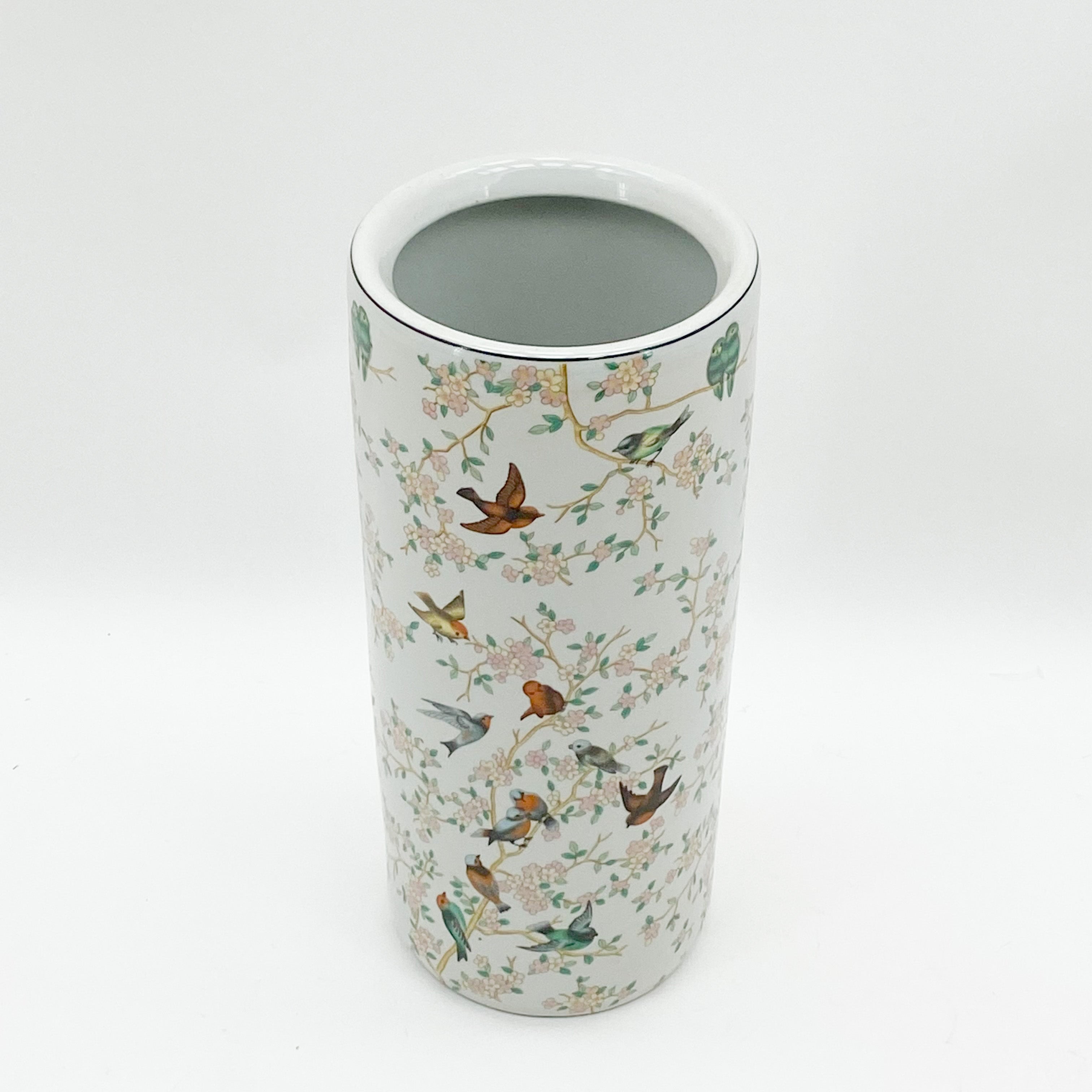 Traditional Style 18 Inch Round Birds & Floral Glazed Umbrella Stand