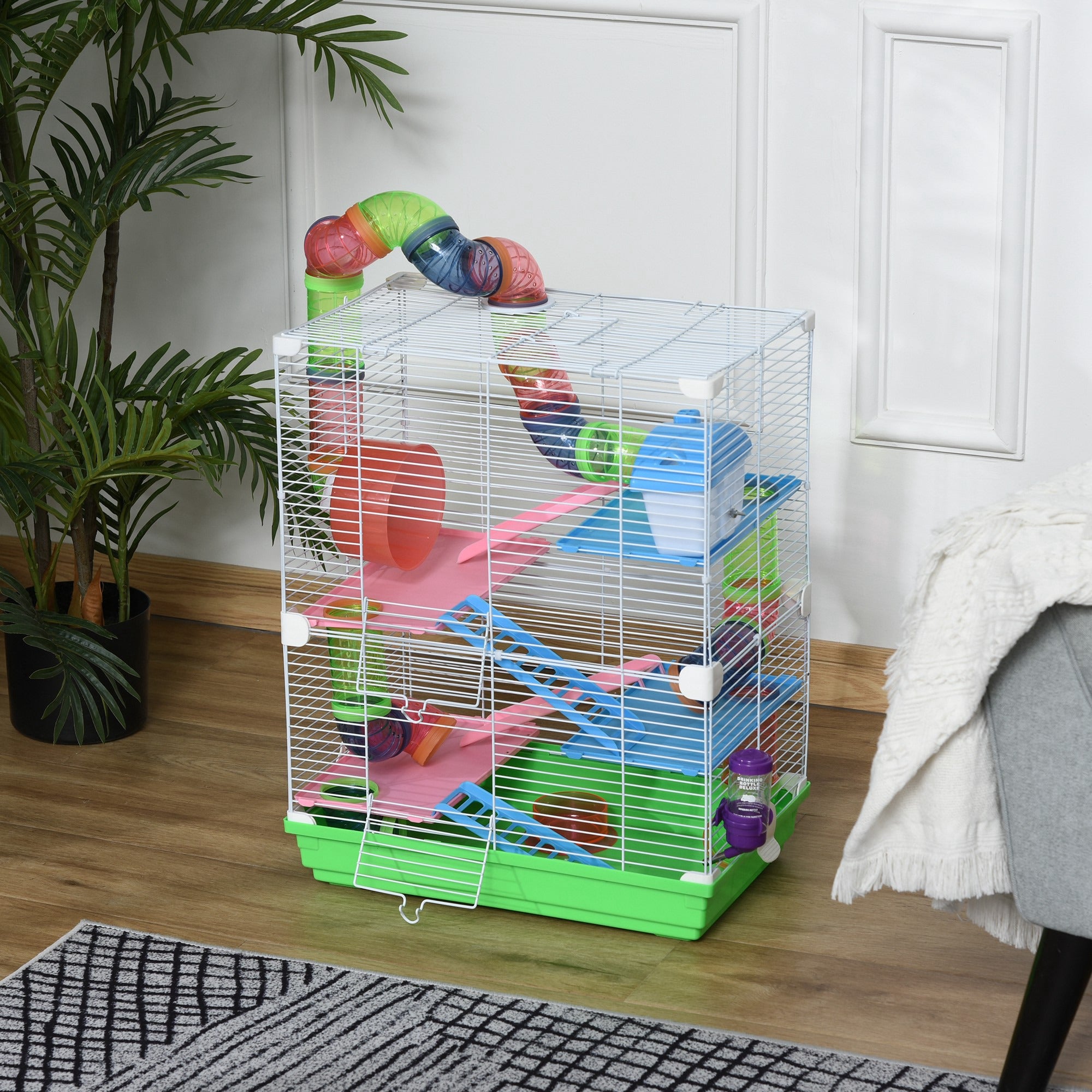 5 Tier Small Animal Cage Habitat with Platforms, Tunnel, Exercise Wheel, Food Dish, Water Bottle, Carry Handle
